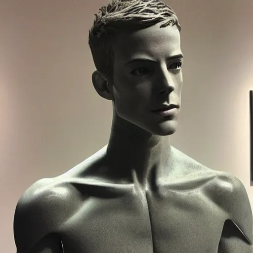 Image similar to “a realistic detailed photo of a guy who is an attractive humanoid who is half robot and half humanoid, who is a male android, actor Grant Gustin, shiny skin, posing like a statue, blank stare, at the museum, on display”