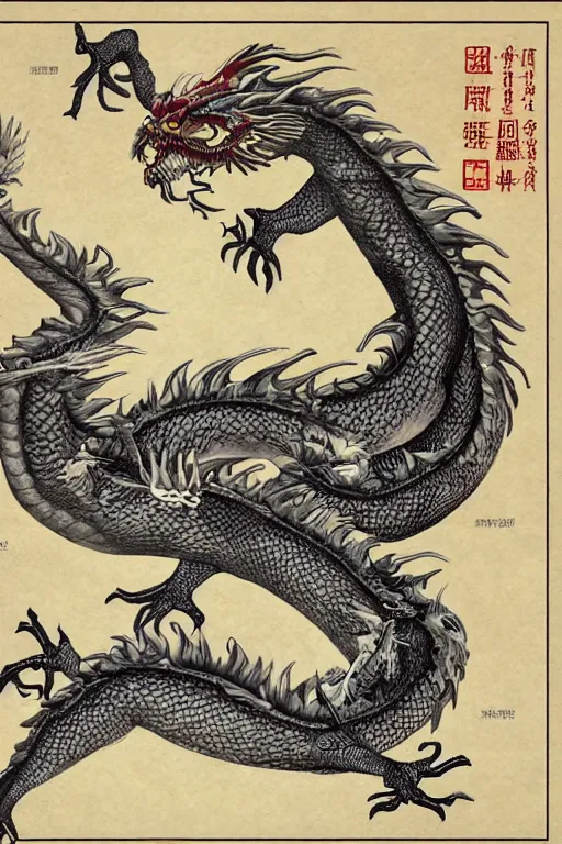 Image similar to anatomical encyclopedia illustration of a chinese dragon, photorealistic, diagram, intricate details