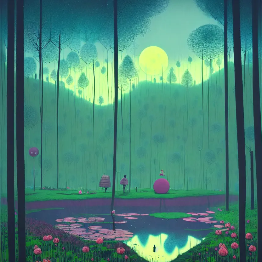 Image similar to ( ( ( gediminas pranckevicius ) ) ), a pond in the forest, moonlight, flower garden summer morning, very coherent and colorful high contrast art by simon stalenhag james gilleard floralpunk screen printing woodblock, dark shadows, pastel color, hard lighting