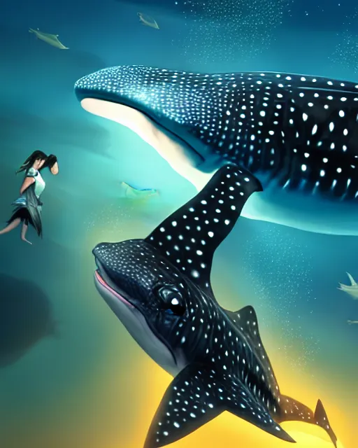 Image similar to whale shark and beautiful girl, radiant lighting, cinematic, artstation