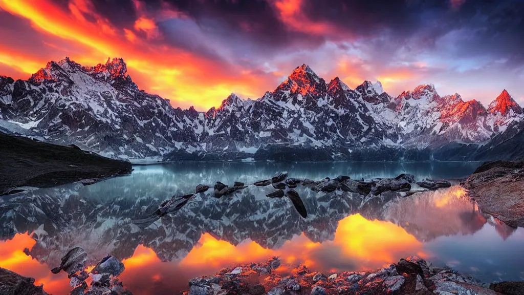 Image similar to amazing landscape photo of mountains with lake in sunset by marc adamus, beautiful dramatic lighting