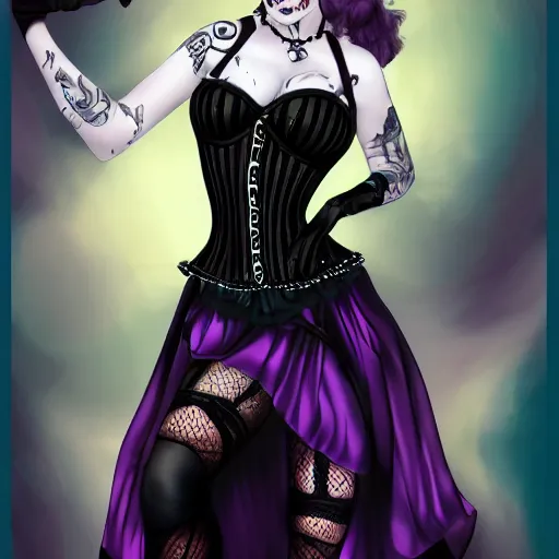 Prompt: full body art of a pretty woman, purple hair, black corset, tartan skirt, black gloves, black lipstick, digital art, fantasy art, 4k,