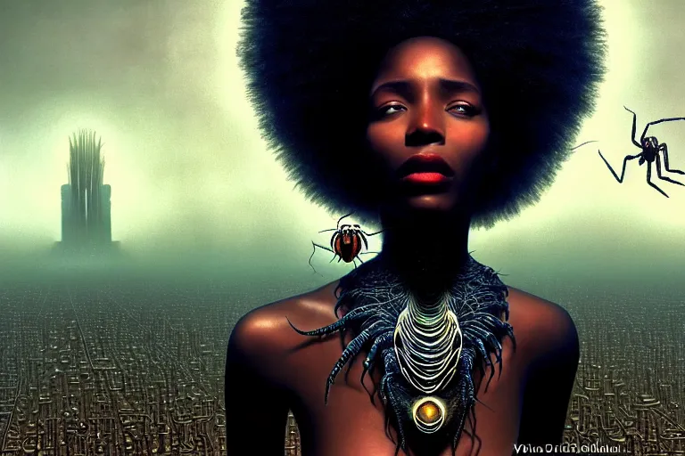 Image similar to realistic detailed photorealistic portrait movie shot of a beautiful black woman with a giant spider, dystopian city landscape background by denis villeneuve, amano, yves tanguy, alphonse mucha, ernst haeckel, david lynch, edward robert hughes, roger dean, cyber necklace, rich moody colours, cyber patterns, wide angle