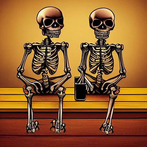 Prompt: two skeletons sitting at a bar drinking whiskey, dark