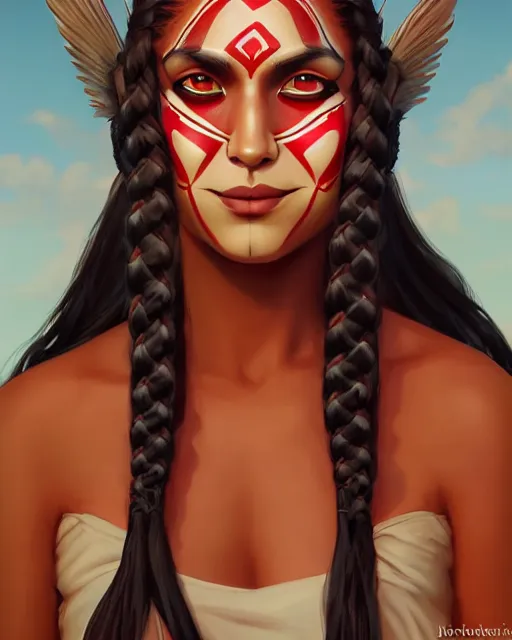 Prompt: in the style of artgerm and Andreas Rocha and Joshua Middleton, pretty Native American young woman with braids and red and black face paint on, smile on face, Symmetrical eyes symmetrical face, full body, prairie in background, scenic, natural lighting, warm colors