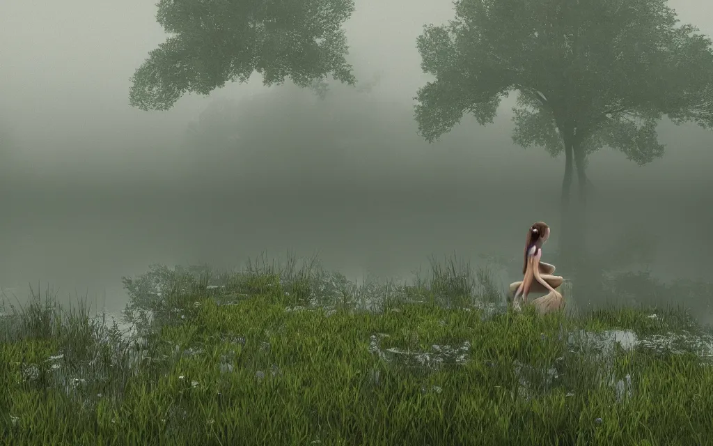 Image similar to gorgeous fairy looking into an aethereal pond in a gloomy meadow covered by fog, photorealistic, 8K rendered with octane