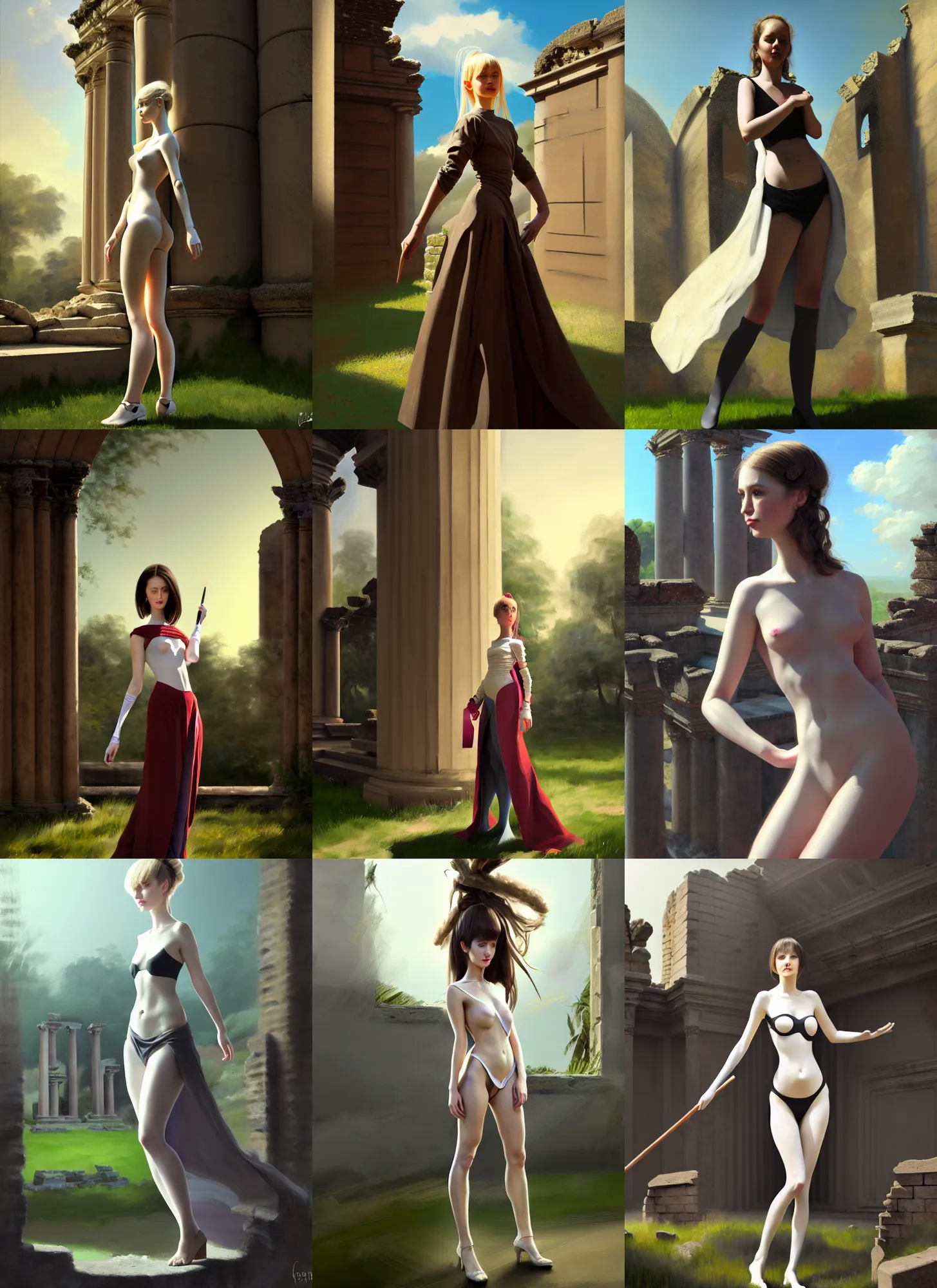 Prompt: traditional brushes strokes, costume design from luxury house designers, sophisticated composition, old masters light composition, procedurally generated, micro-robotic girl character posing for cinema shot, ancient ruins behind her, substance designer, PBR, HD, Ultra detailed, hyperrealistic, megascans, volumetric light, concept by master artist, made in paint tool SAI2, trending pixiv face