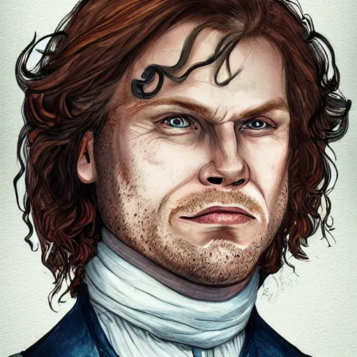 Prompt: Sam Heughan as Jamie Fraser, caricature portrait exaggerated by Sebastian Krüger and Bruno Tesse trending on artstation, hyperdetailed, funny , humor, perfect composition. Scotland background