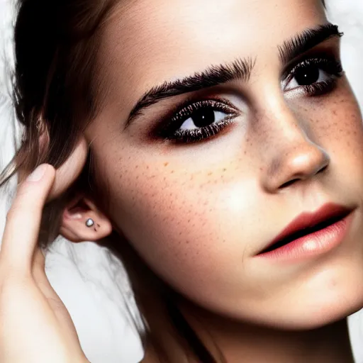 Image similar to full body textured film grain Heavy Contour makeup look eye shadow smokey eyes fashion model face emma watson by artgem