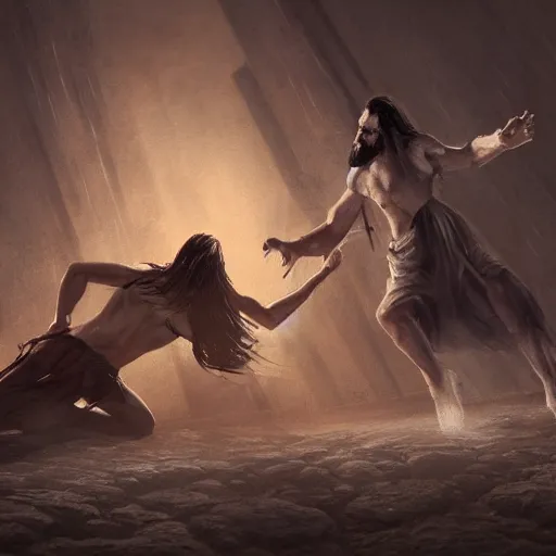 Image similar to Jesus beating up Satan on the floor, dynamic lighting, photorealistic concept art, trending on art station, stunning visuals, creative, cinematic, ultra detailed