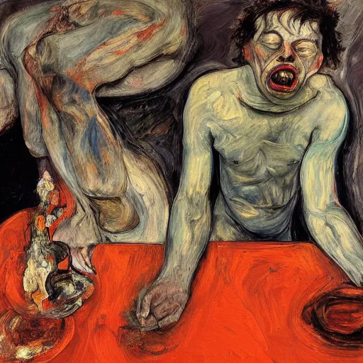 Prompt: high quality high detail expressionist painting of a man in agony by lucian freud and jenny saville and francis bacon and francisco goya and egon schiele and edvard munch and, hd, anxiety, seated at table crying and screaming, turquoise and orange