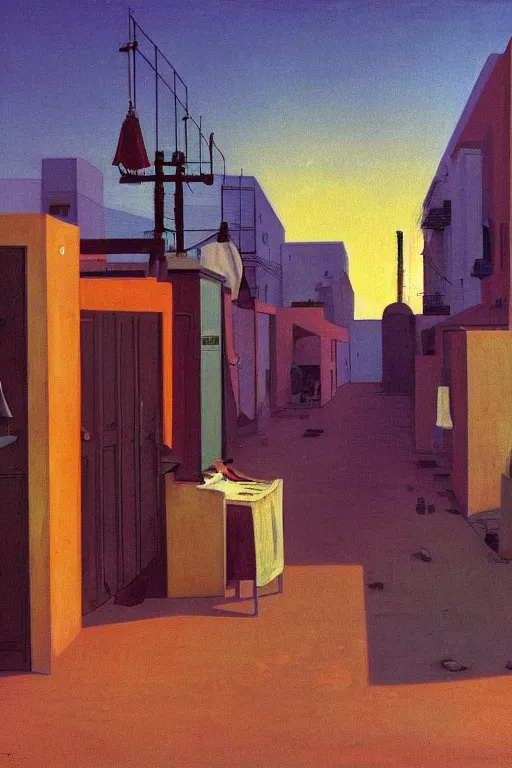 Image similar to eerie tel aviv street mystery at dusk, laundry hanging to dry, solar water heaters and antennas on the roofs, colorful film noir scene. by moebius, giorgio de chirico, edward hopper