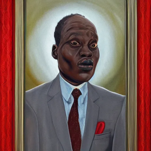 Image similar to a painting of a loving, caring fatherly wide forehead, aquiline nose, round face, XXL , generous, ever-present, humble, wise elder from Kenya in a silver suit and red tie by Wangechi Mutu . Fatherly/daddy, focused, loving, leader, relaxed. Gold background, heavenly lights, details, smooth, sharp focus, illustration, realistic, cinematic, artstation, award winning, rgb , unreal engine, octane render, cinematic light, macro, depth of field, blur, light and clouds, highly detailed epic cinematic concept art CG render made in Maya, Blender and Photoshop, octane render, excellent composition, dynamic dramatic cinematic lighting, aesthetic, very inspirational, arthouse.