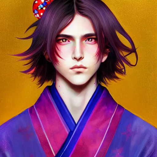 Image similar to colorful and festive captivating teenager boy with straight indigo hair, purple eyes with red eye markers, slim body, wearing a detailed japanese kimono with golden armor pieces. rich vivid colors, ambient lighting, dynamic lighting, 4 k, atmospheric lighting, painted, intricate, highly detailed by charlie bowater