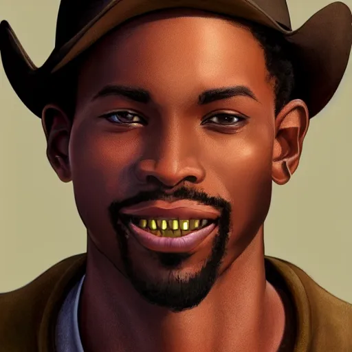Prompt: handsome young African-American cowboy with a smirk and gold teeth with a nice eyes catch light, holding dark and light magic in both hands, volumetric lighting, D&D, fantasy, intricate, cinematic lighting, highly detailed, digital painting, artstation, concept art, smooth, sharp focus, illustration, art by Greg Rutkowski and Alphonse Mucha and Jacob Lawrence