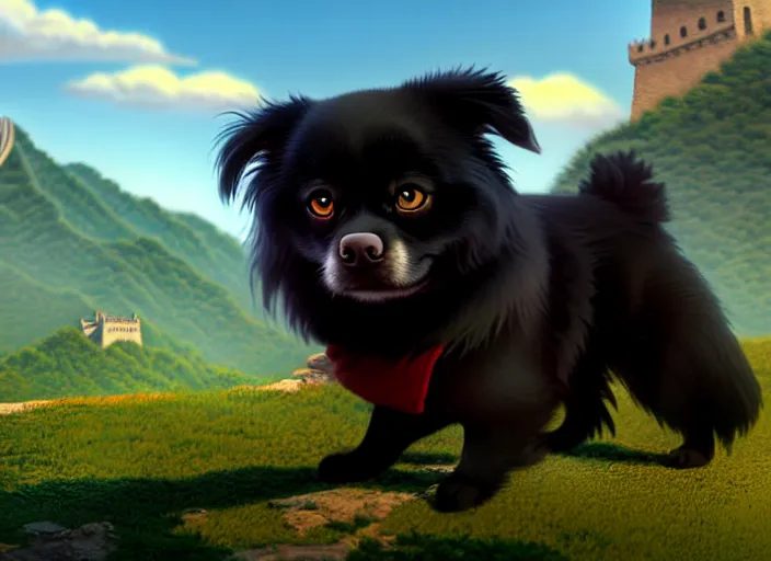 Image similar to a wholesome animation key shot of a black tibetan spaniel, great wall of china in the background, studio ghibli, pixar and disney animation, sharp, rendered in unreal engine 5, anime key art by greg rutkowski, bloom, dramatic lighting