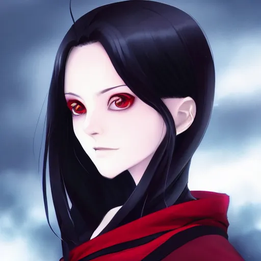 Prompt: a portrait of a very beautiful vampire woman with black hair and pale skin, red eyes, wearing a black cloak, nightime village background, anime key visual, dramatic lighting, 4k resolution, illustration, high quality, highly detailed, charlie bowater, lois van baarle, ilya kuvshinov, rossdraws, artstation