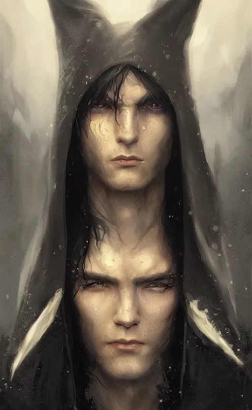 Image similar to Portrait of an elf in a black cloak, black hair, glowing eyes, male, detailed face, fantasy, highly detailed, cinematic lighting, digital art painting by greg rutkowski