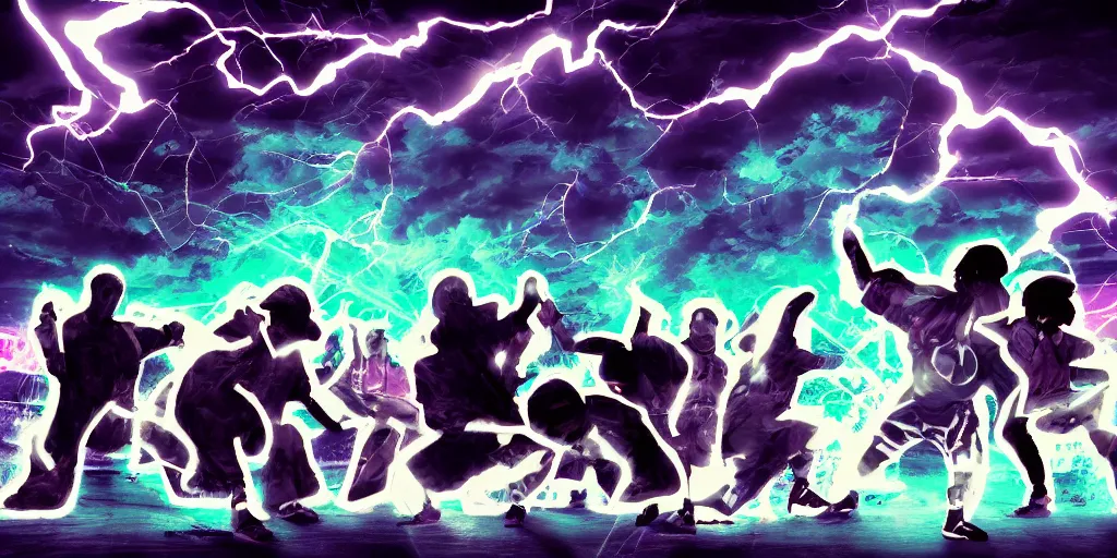 Image similar to Lightning rap battle, silhouettes, digital art, vapor wave, hip hop, graffiti, trending on Artstation, professional artist, detailed, 4k