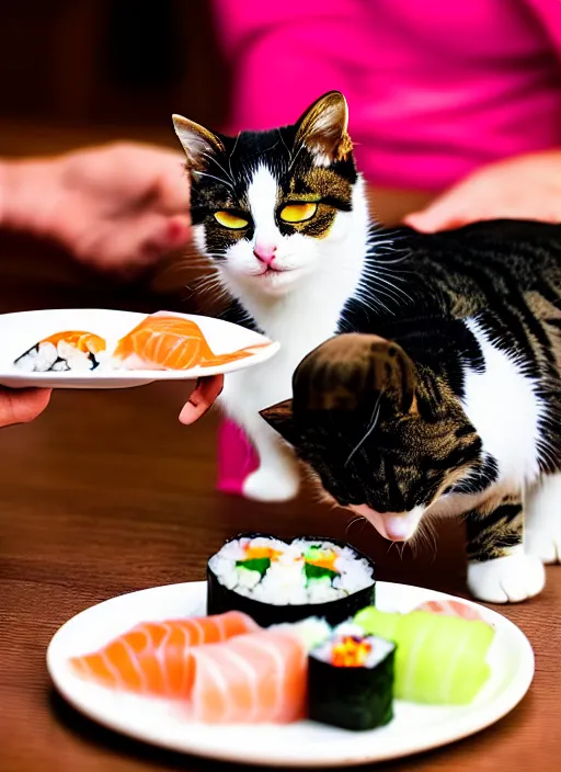 Image similar to clear photograph of cute cats stealing sushi from sushi plates