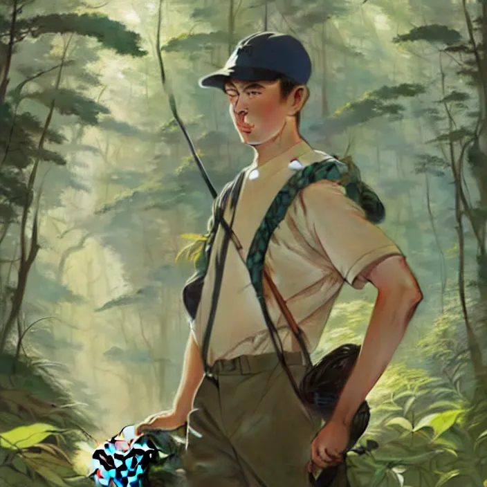 Prompt: a man with a baseball hat hiking through a deep lush forest space ship pilot in the style of studio ghibli, j. c. leyendecker, greg rutkowski, artem