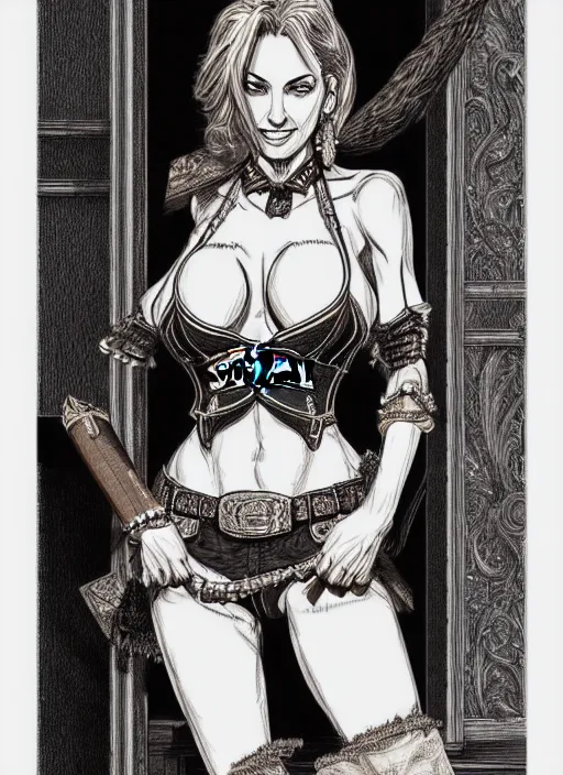 Image similar to full light rendering hyper detailed ultra sharp beautiful female sheriff's body, global lighting, intricate details of the dark saloon from the western, western saloon, booze, scofield, cigars, manga style.