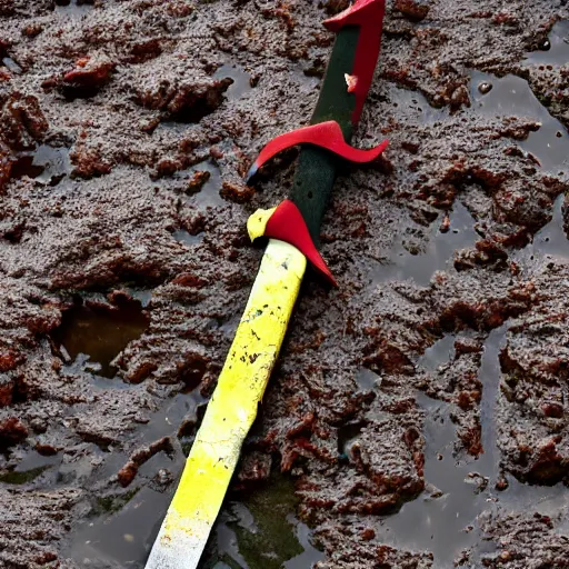 Prompt: a sword, stuck in colorful mud