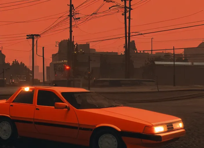 Image similar to gta game in moscow, 1 9 9 0, playstation 5 screenshot, mega details, dark night, orange lights, heavy rain, fog, beautiful rtx reflections, soviet suburbs, photorealistic, unreal engine 5, octane render, volumetric light, cg society, 4 k, 5 0 mm bokeh, russian lada car, artstation