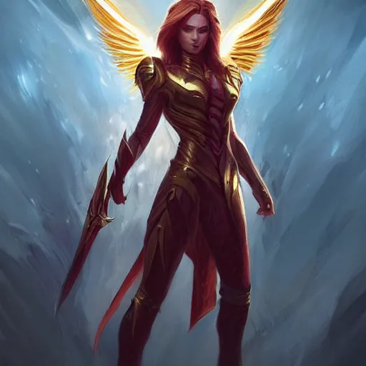 Image similar to archangel of fury, full-body portrait, Magic the Gathering, fantasy, portrait, highly detailed, digital painting, artstation, concept art, sharp focus, illustration, art by artgerm and greg rutkowski and magali villeneuve, red white and gold color scheme