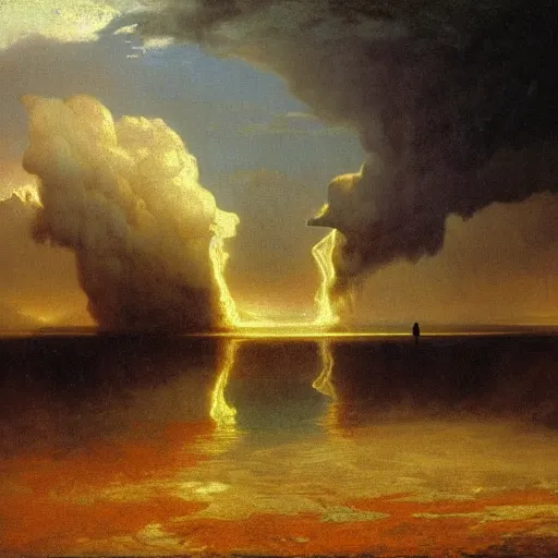 Prompt: Oil split in two, heaven and hell, by Albert Bierstadt, masterpiece, 4k