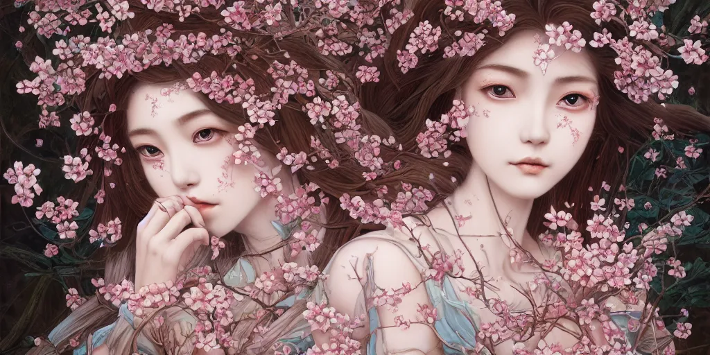 Prompt: breathtaking detailed concept art painting of the goddess of cherry blossom flowers, orthodox saint, with anxious, piercing eyes, ornate background, amalgamation of leaves and flowers, by Hsiao-Ron Cheng, James jean, Miho Hirano, Hayao Miyazaki, extremely moody lighting, 8K
