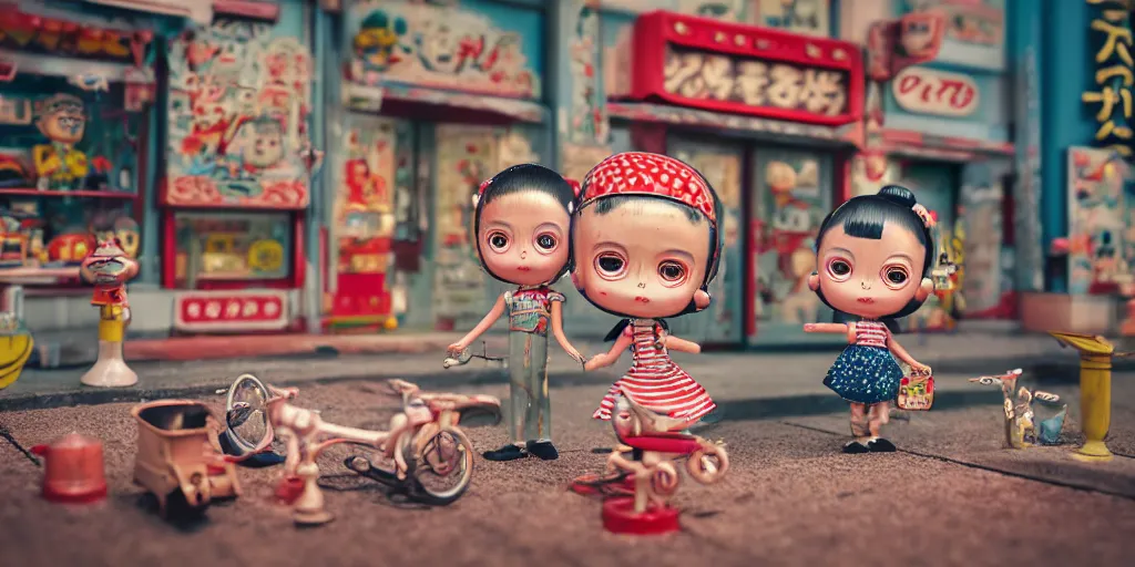 Image similar to closeup portrait of tin toy retro tokyo corner store diorama, depth of field, f 3 2, zeiss lens, detailed, centered, fashion photoshoot, by nicoletta ceccoli, mark ryden, lostfish, breathtaking, 8 k resolution, extremely detailed, beautiful, establishing shot, artistic, hyperrealistic, octane render, - h 8 0 4