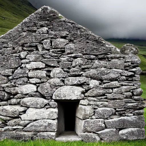 Image similar to ancient scottish dark stone blackhouse designed by le corbusier. fujinon premista 1 9, 4 5 mm