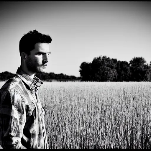 Prompt: a modern abstract portrait of a man, a field in the background, black-and-white, profile picture, 50 mm