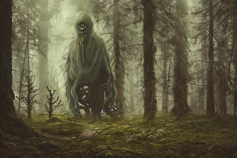 Image similar to creepy eldritch monster in a swedish forest, very low angle photograph, very detailed, trending on artstation, realistic, soft colors, simon stalenhag, lovecraft, horror