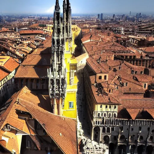 Image similar to the city of Milano fused with the golden city of Anor Londo