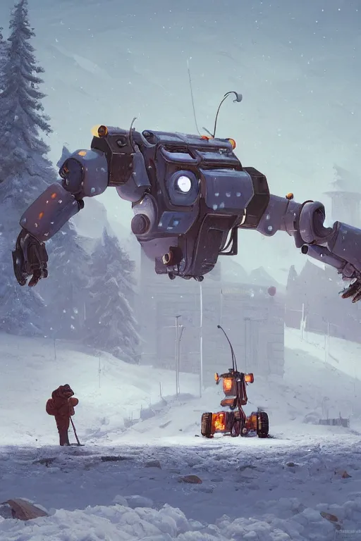 Image similar to mech being exhaisted from plowing snow from it's front yard, highly detailed, scifi, fantasy, highly detailed, digital painting, trending on artstation, concept art, sharp focus, illustration, global illumination, shaded, art by simon stalenhag