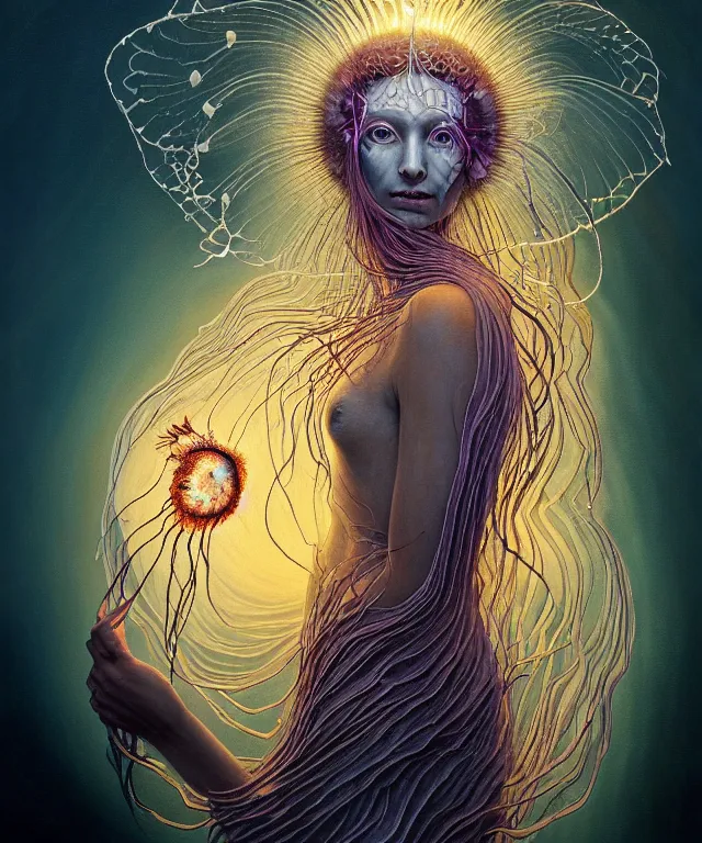 Prompt: portrait of a goddess of death with (reaction diffusion) scaled fish skin Bioluminescent phoenix jellyfish, burning phoenix halo, Her breath shot a haze of steam out into the frosty morning air concept, soft light, soft mood, realistic body features and face, illustration,intricate ornament halo, painting oil on canvas by Elena Zhurikhina and Goro Fujita and Charlie Bowater, octane render trending on artstation, 4k, 8k, HD