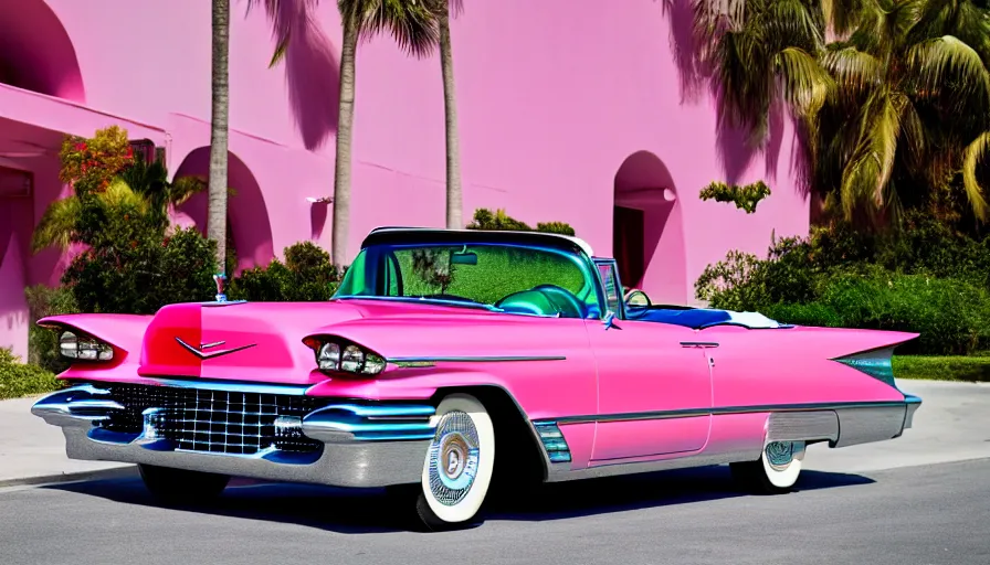 Prompt: highly detailed photograph of a 1 9 5 9 cadillac eldorado biarritz convertible, pink on a miami art deco hotel street with fat white haired women sitting inside laughing, vivid colors, 8 k resolution, hd