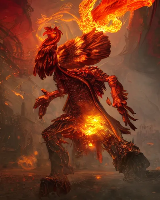 Image similar to Chicken, Anthropomorphized, holding flamethrower, raging, red, Golden Steampunk city atmosphere, magic the gathering artwork, D&D, fantasy, cinematic lighting, centered, symmetrical, highly detailed, digital painting, artstation, concept art, smooth, sharp focus, illustration, volumetric lighting, epic Composition, 8k, art by Akihiko Yoshida and Greg Rutkowski and Craig Mullins, heroic pose, oil painting, cgsociety