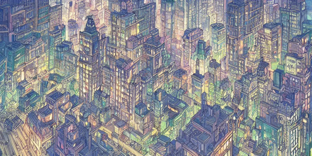 Image similar to the city that never sleeps, lights, mythology, fairy tale, urban landscape, evening, highly detailed, low angle view, studio ghibli, artstation, in the style of aetherpunk