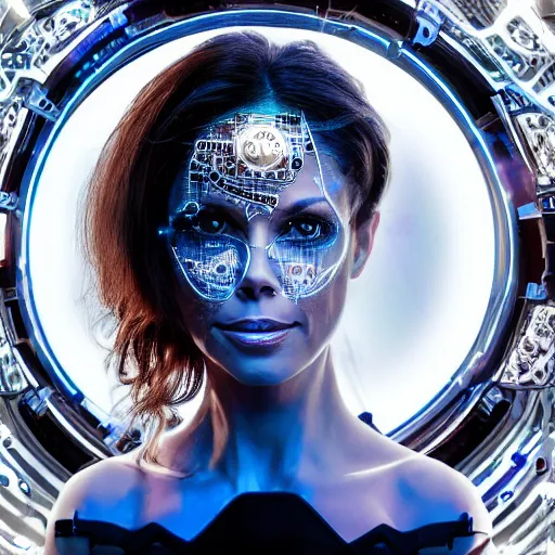 Prompt: beautiful Fine art photo portrait of young sweaty Brooke Burke as a solarpunk robotic goddess, white mechanical parts with led lights, photorealistic, white background, highly detailed and intricate, sun lighting, 8k