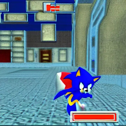 Prompt: sonic the hedgehog in a haunted mansion in a screenshot of sonic adventure 2 on the dreamcast