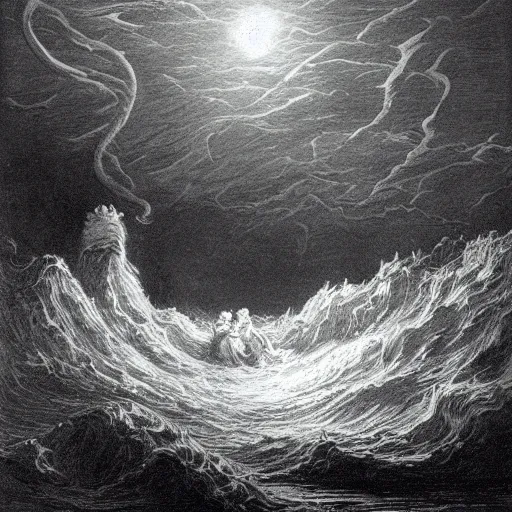 Image similar to a traditional portait of cthulhu, small town, night, soaring waves, clouds, illustration by Gustave Doré