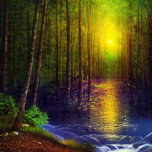 Image similar to professional photograph of a forest of trees. little specs of fireflies and a river in between leading to a water fall, photo realism, perfect lighting