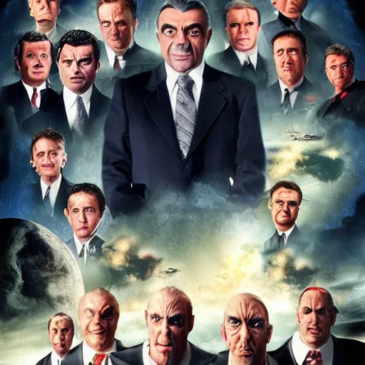 Image similar to armageddon movie poster with all characters faces swapped with rowan atkinson, high detail, realistic, 4 k