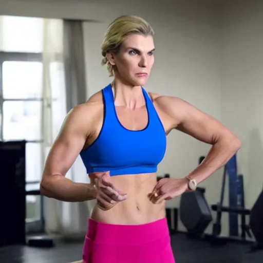 Image similar to muscular Kim Wexler working out in a jim, movie still, photorealistic