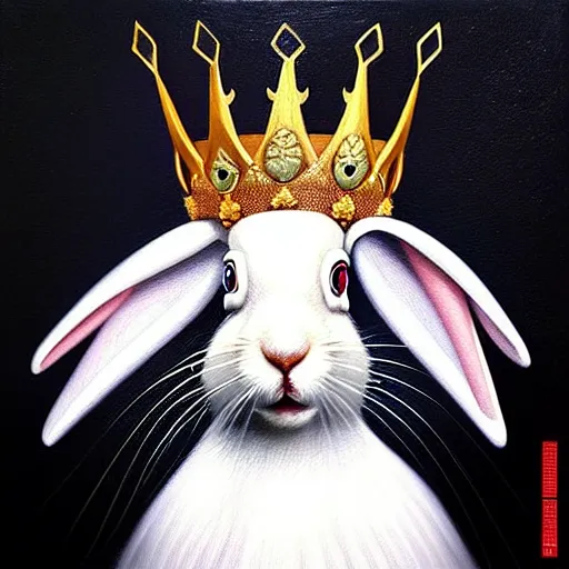 Image similar to “ an oil painting portrait of an evil white hare wearing medieval royal robe and an ornate crown on a dark background ” digital art, concept art, highly detailed, 3 - d 4 k, trending on art station, award winning, mark brooks,