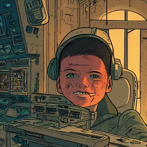 Image similar to in the style of max prentis and deathburger and laurie greasley a beautiful close up of a young explorer wearing a cyberpunk headpiece playing video games in his treehouse, highly detailed, 8 k wallpaper