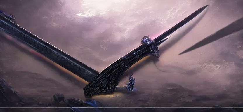 Image similar to legendary sword of cybernetic technology lying flat on a glowing table, digital award winning hd matte painting, intimate dark moody, intricate, long sharp black and iridescent blade, ornate spikes, colorful hilt, detailed realistic, raytraced blade, colored gems, golden pommel, in the style of greg rutkowski and krenz cushart, deviantart